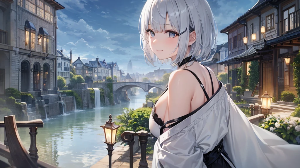 とてもShort Hair, Long bangs between the eyes, Very detailed,(masterpiece、Highest quality)、alone、Gray Hair、Fantasy, Silver Hair, Fantasyな風景、smile、Open your mouth、short hair、Short Hair、hairpin、black eye、Grey Eyes、Beautiful Eyes