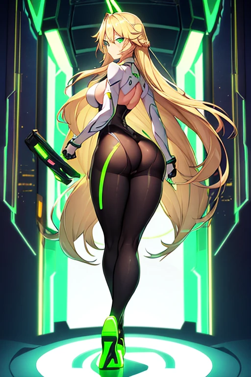 1girl, green eyes, blonde hair, long hair, breasts, hourglass figure, bodysuit, white bodysuit, neon, neon trim, machinery, tech, science-fiction, futuristic, serious, standing, full body, ((full body)), pantyhose, black pantyhose, wavy hair, ass, from behind, mature female, ((ass)), drone