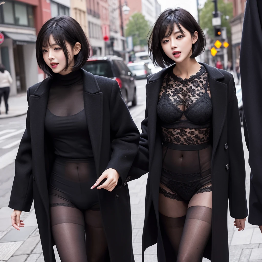 Long coat Underwear Black Lace Top Quality Tongue Out short hair Black Hair In town