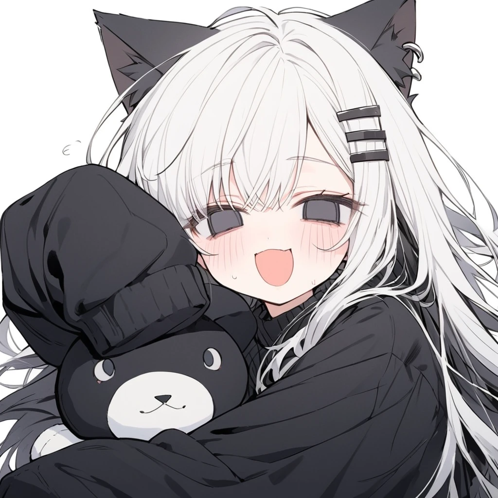 long hair, White hair, black inner hair, open mouth, smile, flustered, Illustration where the pupil does not overlap the lower lash line, The lower half of the eye is white, vacant eyes, black eyes, oversized clothes, sleeves past wrists, , black cardigan, black ribbon, piercing, stuffed animal, White background, 1girl, cat ear，solo, hairpin