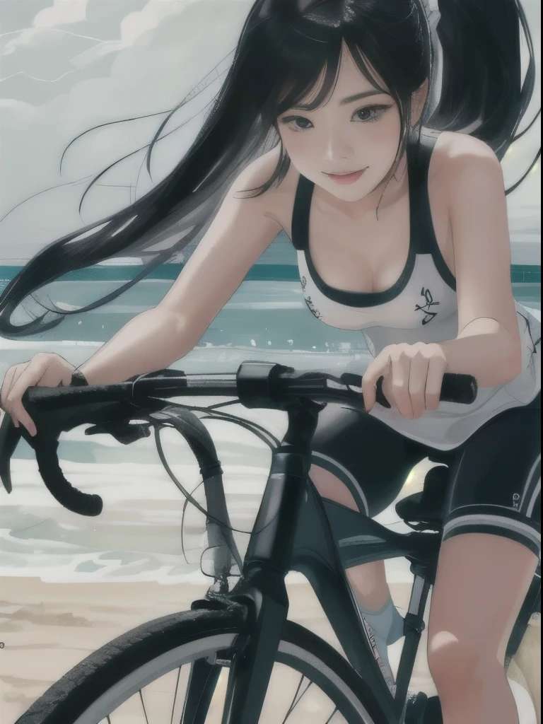 a close up of a woman Cycling on a beach, Cycling!!, author：Yang Jie, by Qu Leilei, Chinese painting style, 🚿🗝📝, inspired by Wu Shixian, Cycling, Gu Weiss style artwork, Gu Weiss, Inspired by Chen Yifei, Hot topics on cgstation, Chinese Girl，Large Breasts，Black，Smile，