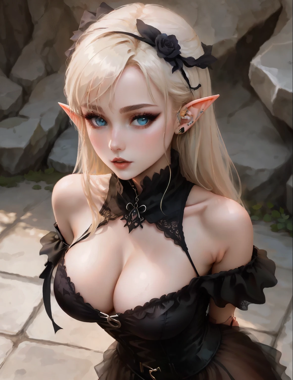 Stunning elf her appearance is gentle in nature, (loving expression), masterpiece, best quality, ultra-detailed, (Individual focus), illustration, (1girl), beautiful sensual detailed mint-colored eyes, looking at viewer, close up, (breast focus), (arms behind back:1.2), (from above:1.1), blonde hair, gigantic breasts, (breasts out:1.3), (off shoulder:1.1), underwear,gothgal wearing a gothgal outfit