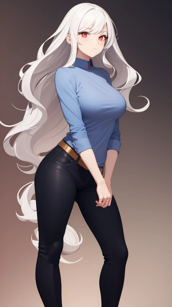 Beautiful Woman, Wavy White Hair, Big Red Eyes, Small Nose, Medium Breasts, Blue Shirt, Black Pants, Looking Foward, Standing Pose, Neutral Face Expression, Hot