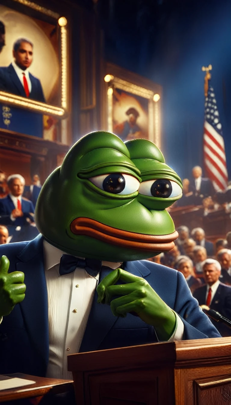 a highly detailed, photorealistic, 8k image of pepe the frog, a political figure on stage, dramatic pose, cinematic lighting, intricate background, vibrant colors, bodyguard protecting him, extremely detailed face and eyes, sharp focus, HDR, studio lighting, physically-based rendering, professional, vivid colors