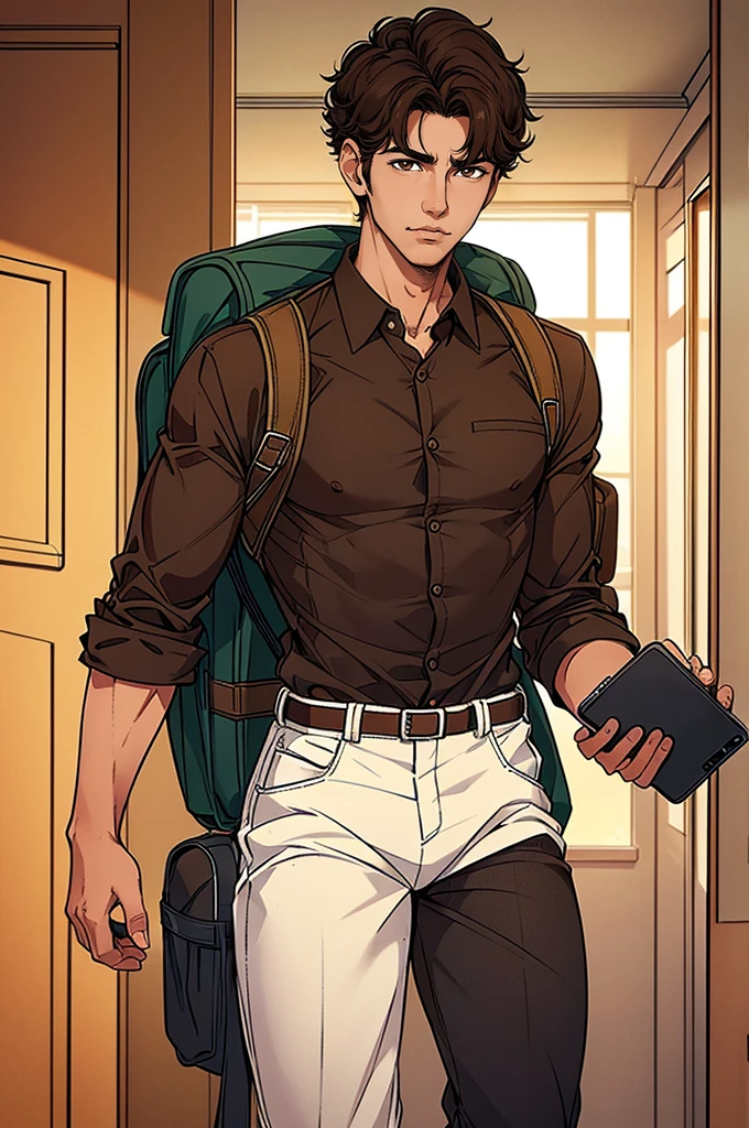 male, Short (5'4"), slender build, teenager, dark brown hair kept neat and parted, warm brown eyes, light brown skin, often wears collared shirts and khakis, carries a backpack filled with gadgets. (masterpiece, best quality) detailed, 1Character