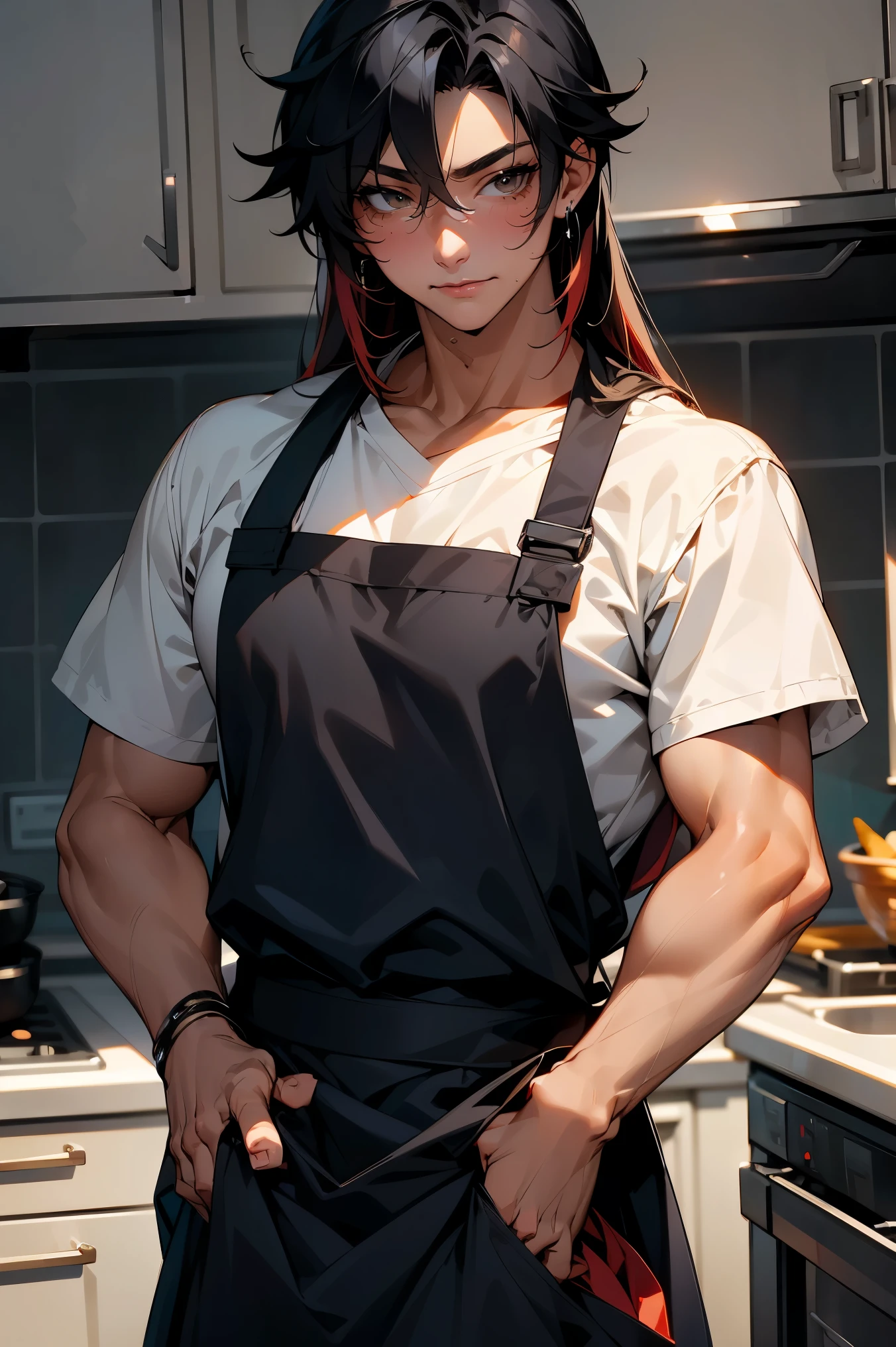 male character, young adult, fit lean body, muscular, himbo, tan skin, bubbly personality, long hair black hair with red strands, on a kitchen, cooking something, bishonen, celshaded, bright and warm colors, homey vibe, casual clothes with apron on