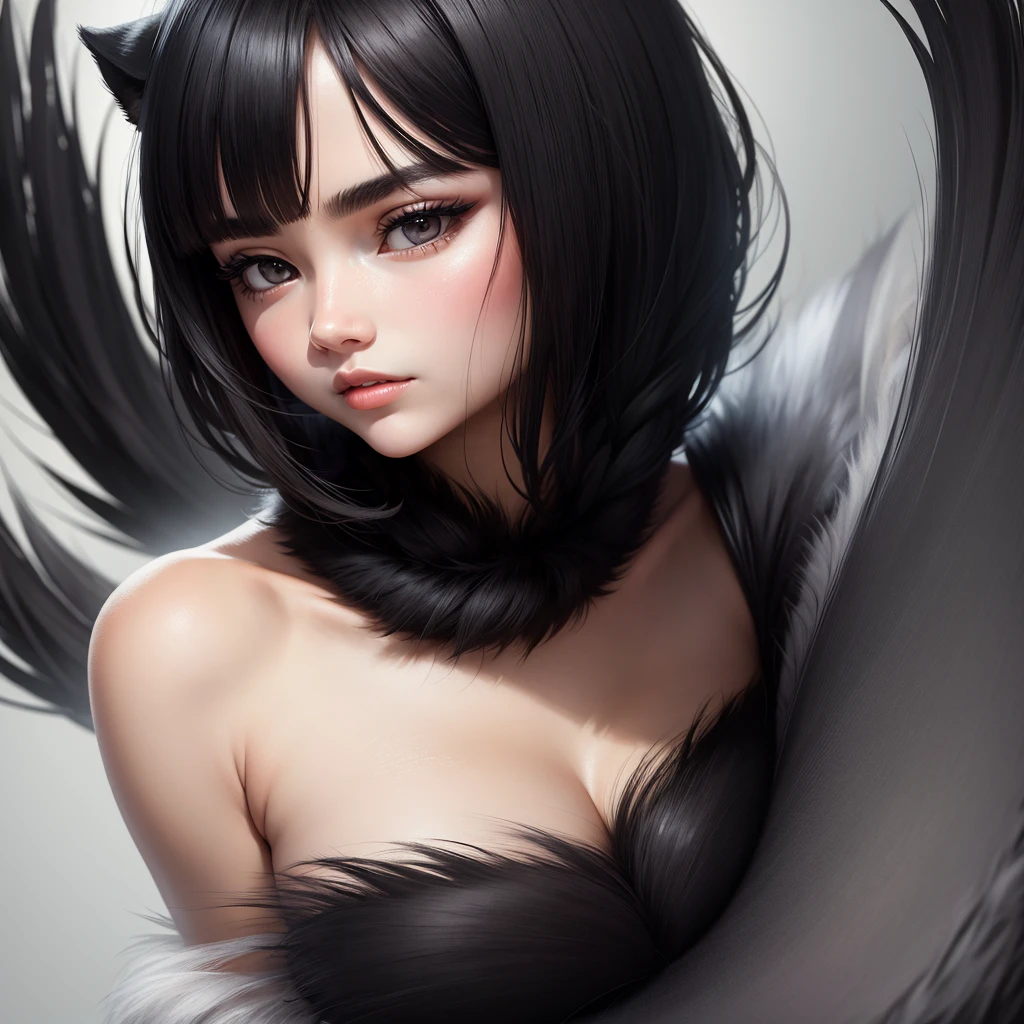 Woman round face, black eyes, long smooth black fur