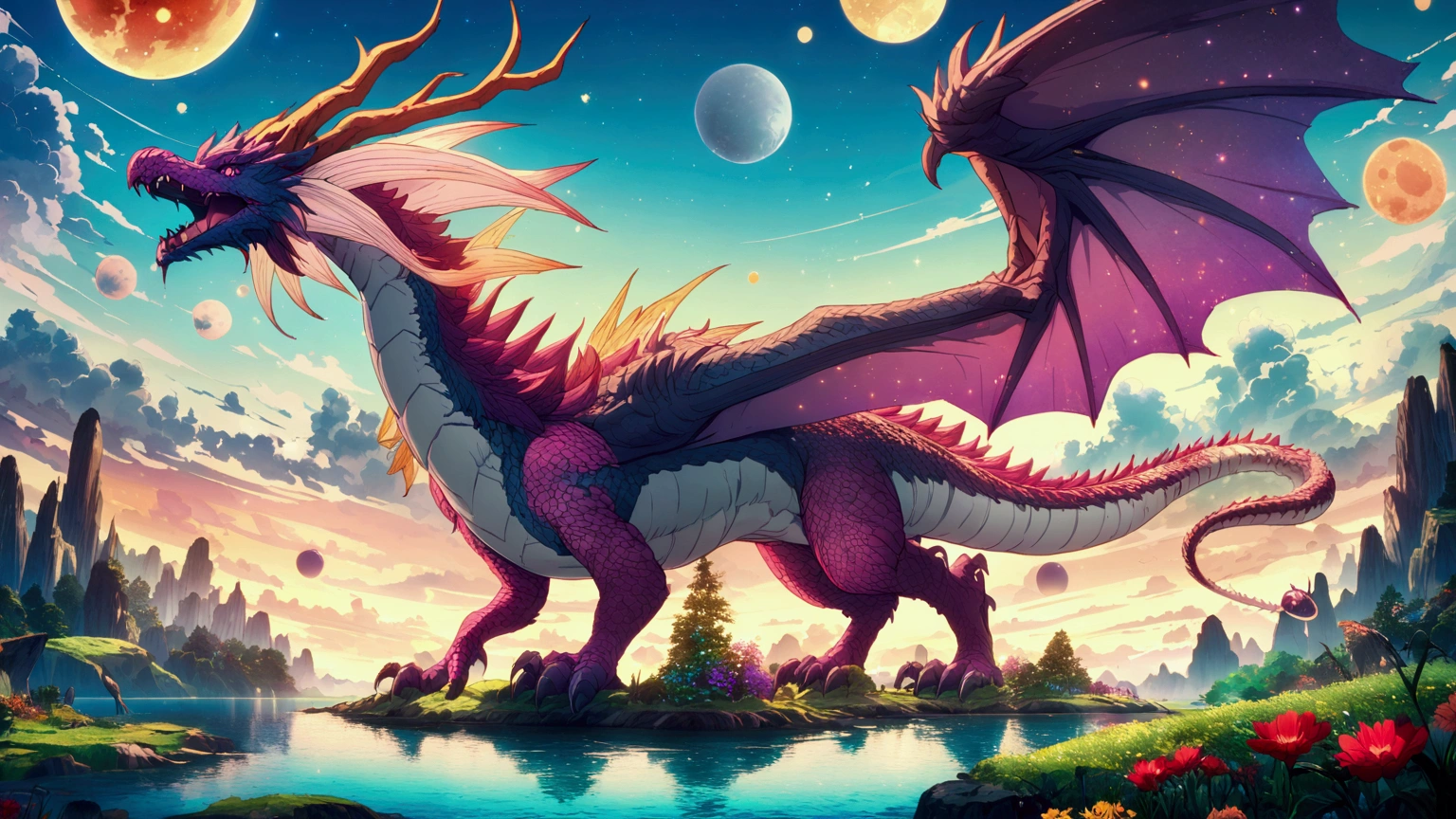 fantasy anime landscape, anime style, 1 dragon, oversized flowers, strange magical creatures, bright sky, multiple moons, celestial bodies, vibrant colors