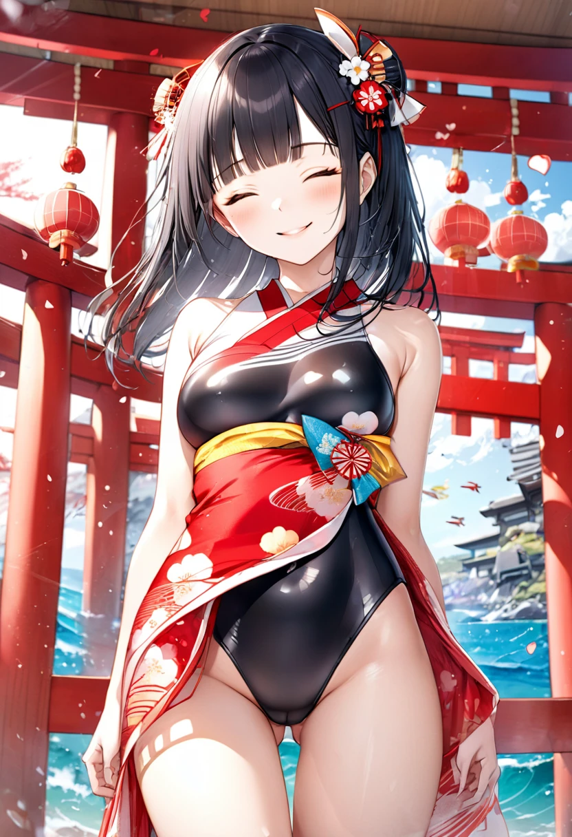 (pov kimono style swimsuit) (beautiful body), (solo:2, 15 yo, blunt bangs:1.3 black hair long hair sexy shrine girl, sexy closed eyes, happy smile), (in a japanese modern:1.3 shrine swimsuit, wabisabi:1.3, white and red), break, in the Swimsuit contest venue, background Double Exposure beautiful ocean, BREAK, perfect anatomy, masterpiece, best quality, 16k, beautiful detailed love, sexy, daydreaming expression.