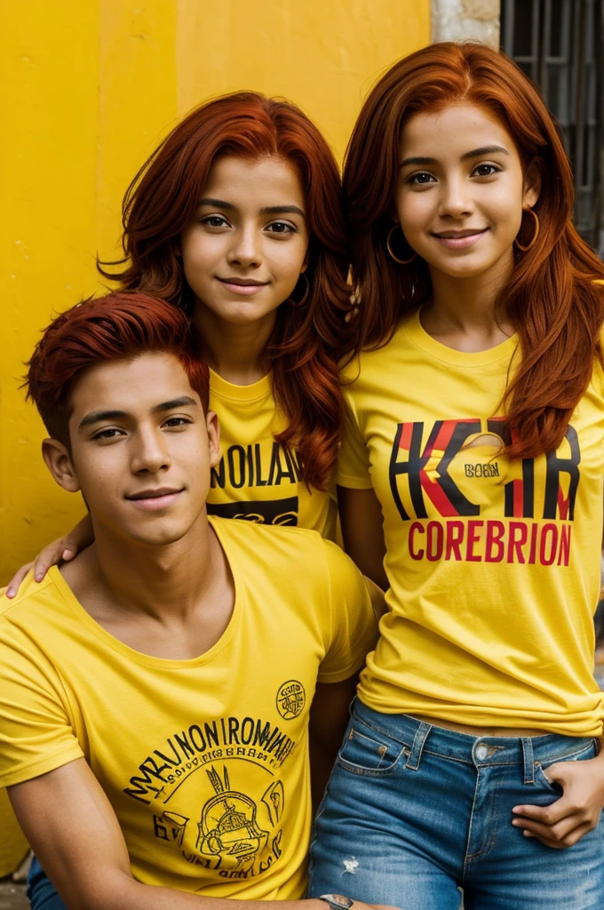Woman with red hair on her back with a yellow Colombian t-shirt with the name Alejandra next to a boy on her back with brown hair with a yellow Colombian t-shirt with the name Samuel and a girl with brown hair with a yellow Colombian t-shirt with the name Isabela 