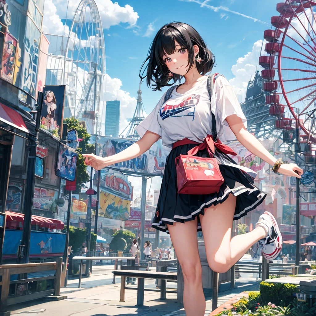 masterpiece　　Unreal Engine　Anime Style　Delicate painting　4K　90's　giant　Multiple Girls　crowd　 　amusement park　to　amusement parkに立っている巨大な女の子　Ferris wheel　ジェッtoコースター　　crowd　スカーto　Big Breasts　White T-shirt　Summer clothes　Short sleeve　Private Server　sneakers　White socks　watch　Black Hair　　smile　blue sky　cumulonimbus　Contrail　female giant giant girl Whole body 　 Destroyed skyscrapers Destroyed cars Crowd Unreal Engine,cleavage ,a drawing of a , earrings, long hair, 1980s (style) Cute picture　Beauty　Analog style　whole body　sneakers　