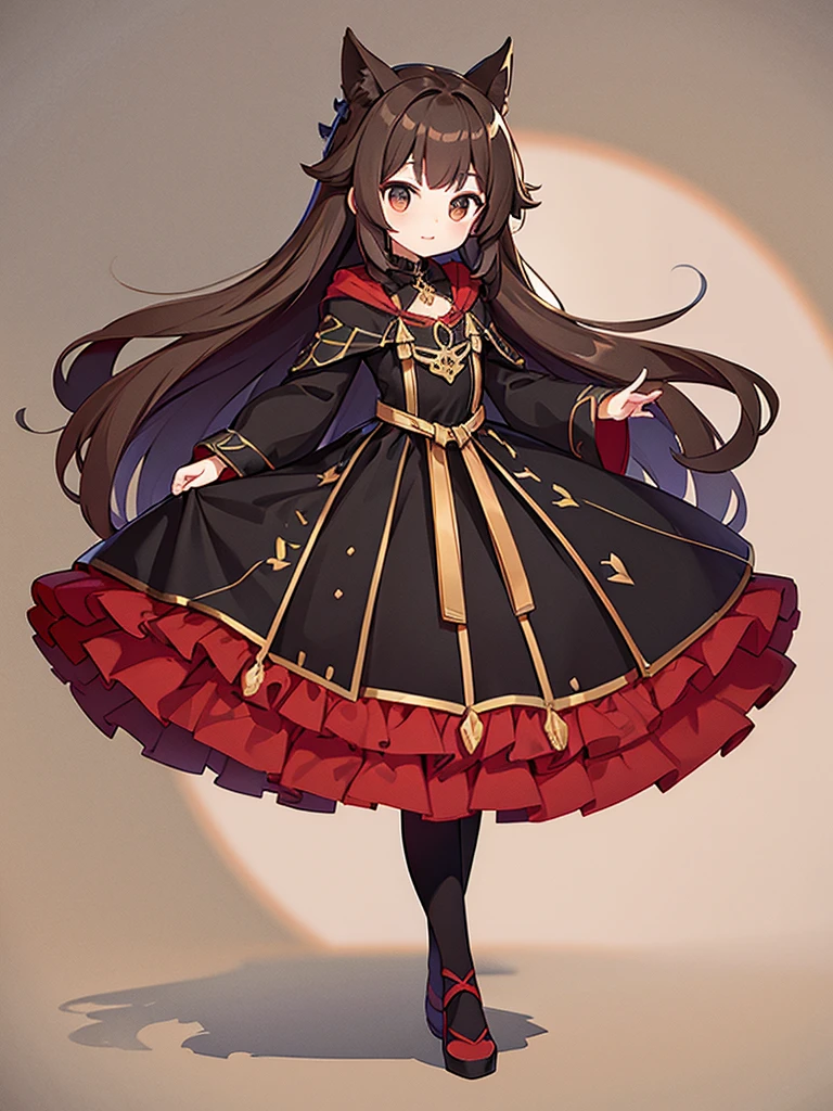 Full-body portrait、Holding a black sword、True Face、woman、、Brown Hair、Long Hair、Mischievous、Brown based dress