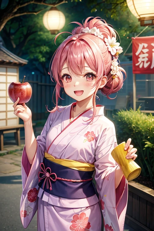 A girl wearing a yukata,hair_pink,Medium Hair,ponytail,One Bun Hairstyle,hair飾り,巻きhair,pinkの目,pinkの浴衣_Floral,laughing,Mouth wide open,A very happy smile,Happy look,Holding a large candy apple,Summer festival,blush,Small ,,cute,,flat chest