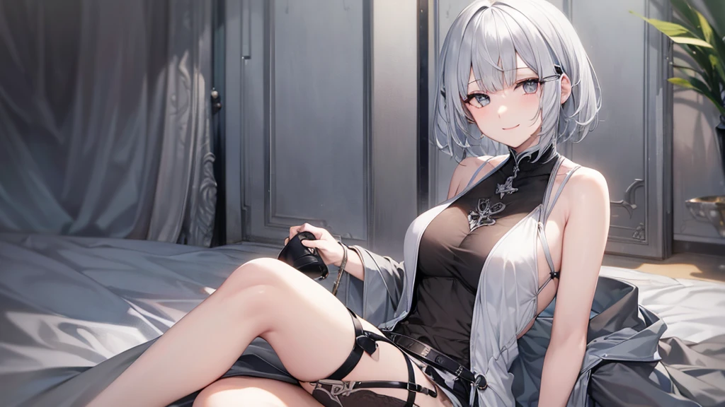 とてもShort Hair, Long bangs between the eyes, Very detailed,(masterpiece、Highest quality)、alone、Gray Hair、Fantasy, Silver Hair, Fantasyな風景、smile、Open your mouth、short hair、Short Hair、hairpin、black eye、Grey Eyes、Beautiful Eyes