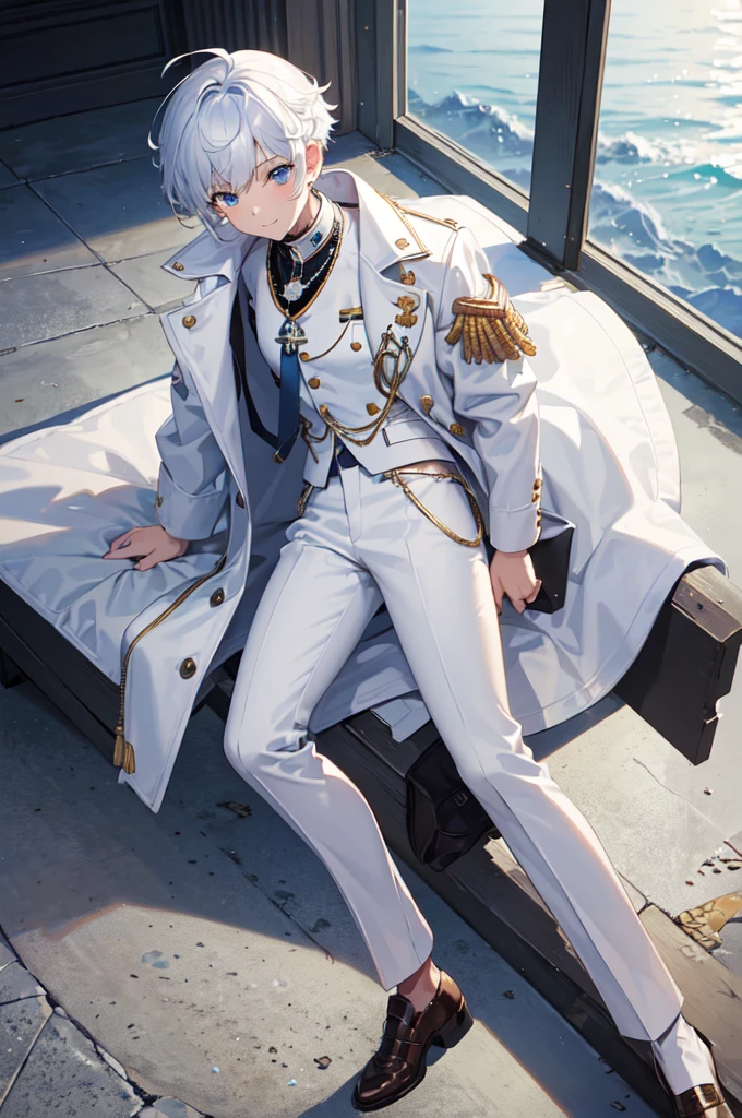 masterpiece, top quality, best quality, official art, beautiful and aesthetic:1.2), (8k, best quality, masterpiece:1.2), (((masterpiece))), (((best quality))), (((extremely detailed))), illustration, who, (masterpiece, top quality, best quality, official art, beautiful and aesthetic:1.2), (8k, best quality, masterpiece:1.2), 1guy, standing, detailed eyes, blue eyes, white , (((white jacket))), white vest, (((marine jacket with small medals))), necktie, well dressed, anime trap, tomboy, rat tail, (((white dress pants))), white and blue hair, frizzy hair, short hair, smile, full body, classroom, confident, silly, 5’8, tone body