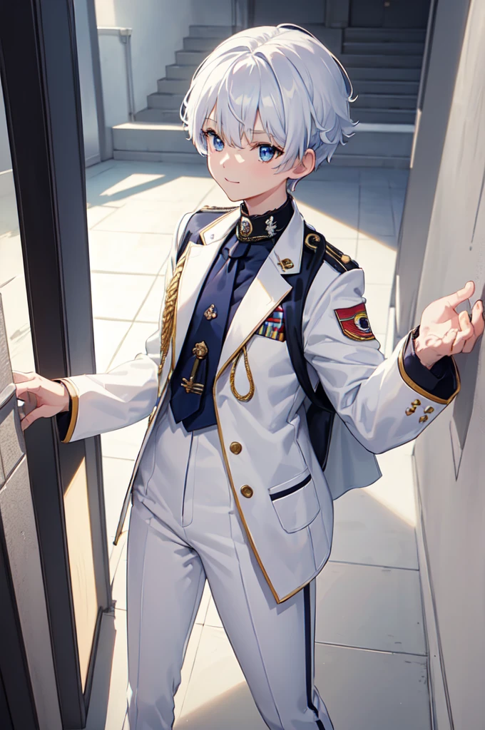 masterpiece, top quality, best quality, official art, beautiful and aesthetic:1.2), (8k, best quality, masterpiece:1.2), (((masterpiece))), (((best quality))), (((extremely detailed))), illustration, who, (masterpiece, top quality, best quality, official art, beautiful and aesthetic:1.2), (8k, best quality, masterpiece:1.2), 1guy, standing, detailed eyes, blue eyes, white , (((white jacket))), white vest, (((marine jacket with small medals))), necktie, well dressed, anime trap, tomboy, rat tail, (((white dress pants))), white and blue hair, frizzy hair, short hair, smile, full body, classroom, confident, silly, 5’8, tone body