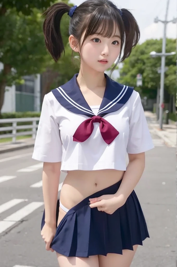 Sailor suit、She is taking off her navy blue skirt、Pulling down her skirt、White panties are visible、Short pigtails、Small breasts