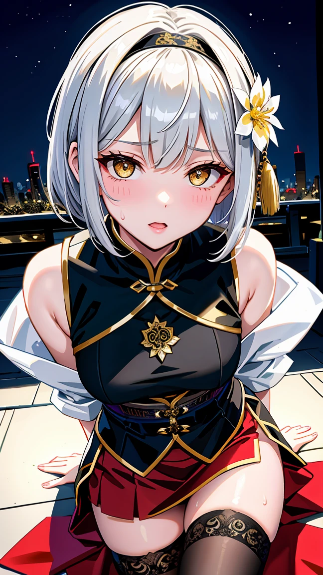 Young girl 10 years old, short silver bob hair, hair flower, sharp bangs between the eyes, yellow eyes, eyes large, provocative look, obscene expression, notable physical features, traditional chinese imperial clothes black with gold details, red skirt, black thigh high socks. half-sided angle, crouched in the street. japanese city, outdoor city, city at night, with full moon in the background, light reflecting on the sexy and sweaty body. (((sweat))) (work of art:1.2,) (best qualityer.)