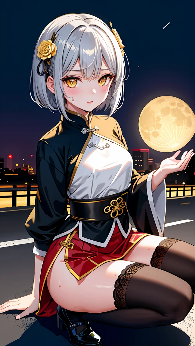 Young girl s old, short silver bob hair, hair flower, sharp bangs between the eyes, yellow eyes, eyes large, provocative look, obscene expression, notable physical features, traditional chinese imperial clothes black with gold details, red skirt, black thigh high socks. half-sided angle, crouched in the street. japanese city, outdoor city, city at night, with full moon in the background, light reflecting on the sexy and sweaty body. (((sweat))) (work of art:1.2,) (best qualityer.)