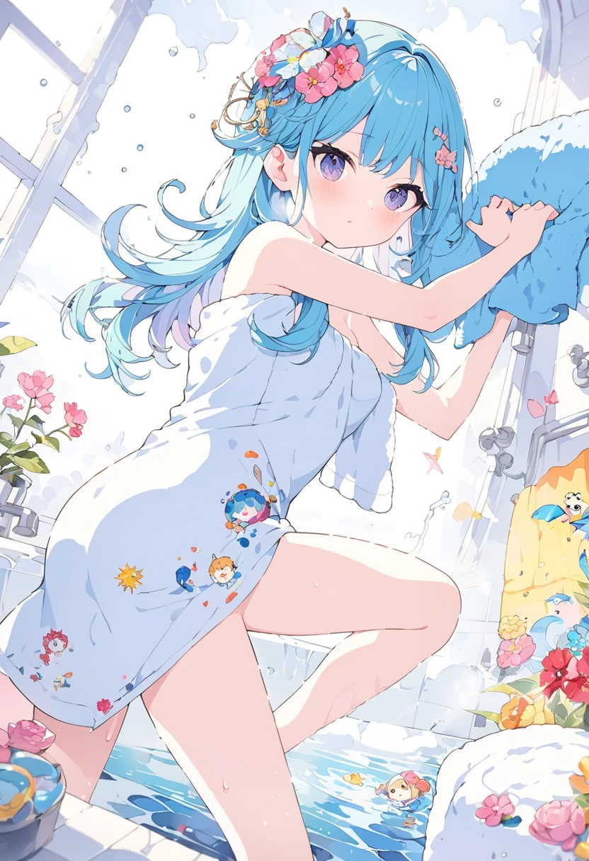 Momoko Sakura Style、8K quality、Intense watercolor,, Watercolor splash, Surreal, Avant-garde pop art, Beautiful and expressive paintings, Beautiful artwork illustration, Very colorful tones, wonderful, Cool Beauty, Highest quality、Official Art, Vector art, Stylish design, (((The most beautiful girl))), ((Thin legs))、(((Highest quality))), High resolution, ((detailed)), (((Doodle Art)), ((masterpiece)), ((Super detailed)),(((1 bath towel))),,(Sexual),((Cool pose)))
