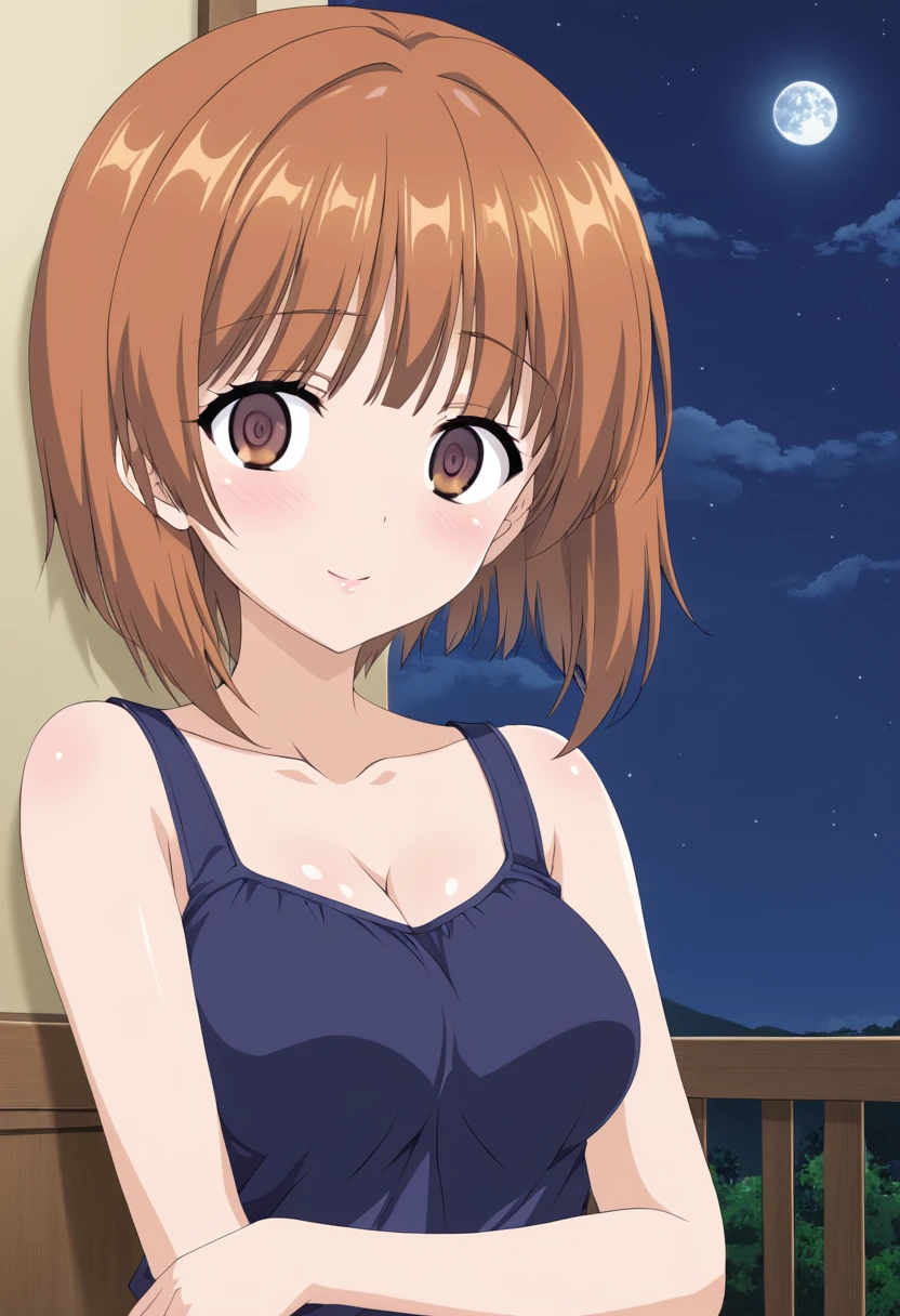 masterpiece,best quality,nsfw, Girls＆tank、Miho Nishizumi、************、Short Hair,Droopy eyes、brownEye、An open terrace with a beautiful night view、Date