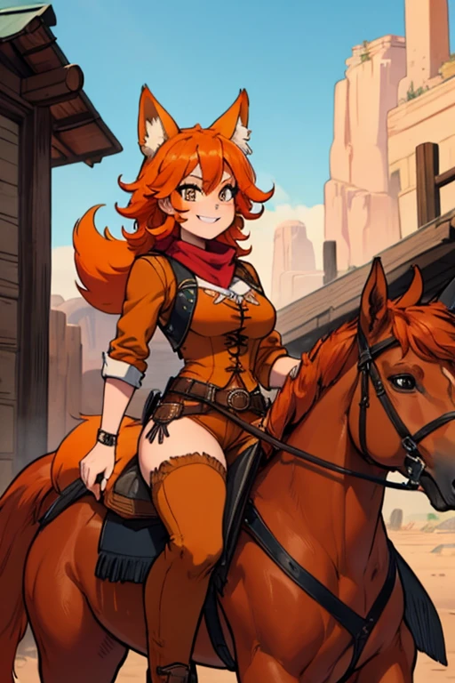 Perfect face, perfect hands. An orange haired female cowgirl with copper eyes with an hourglass figure with orange fox ears and an orange fox tail in a conservative cowgirl outfit is riding a horse in a wild west town with a big smile