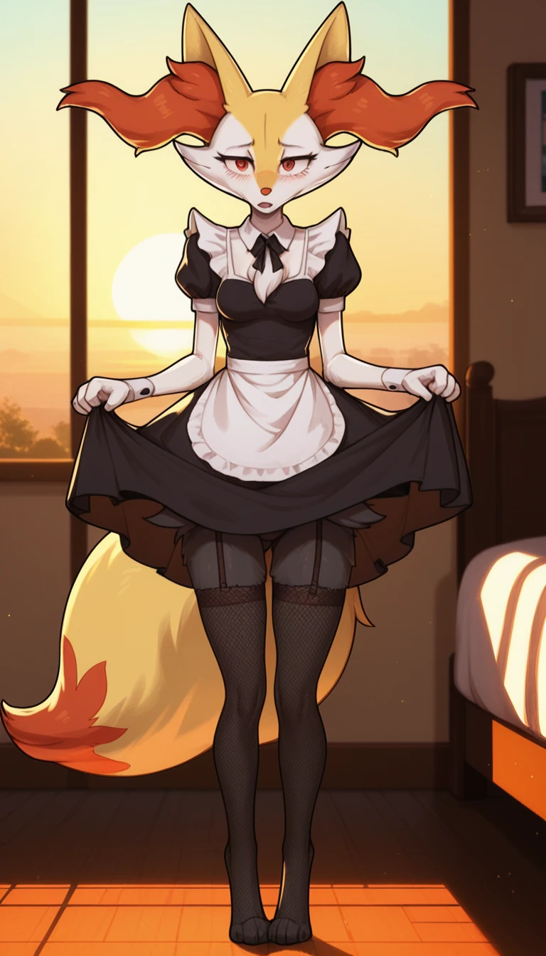 1girl, anthro, furry, fur, fluffy fur, braixen girl, Red eyes, full body, (19 years), medium breast, thicc thighs, solo, (bedroom), sunset, detailed, maid outfit, fishnet stockings, shy, nervous, sunset, sad, depressed, (baggy eyes), standing, score_9, score_8_up, score_7_up, score_6_up, score_5_up, score_4_u