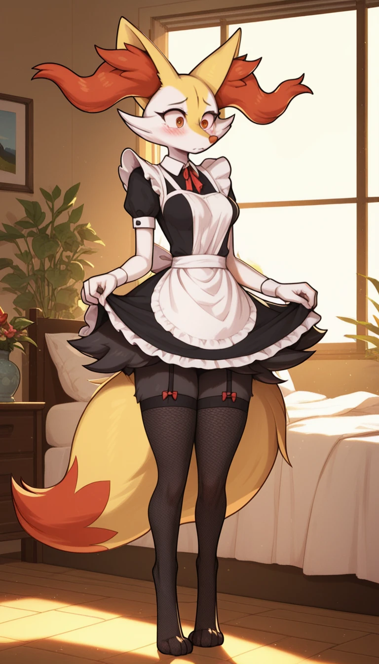 1girl, anthro, furry, fur, fluffy fur, braixen girl, Red eyes, full body, (19 years), medium breast, thicc thighs, solo, (bedroom), sunset, detailed, maid outfit, fishnet stockings, shy, nervous, sunset, sad, depressed, (baggy eyes), standing, score_9, score_8_up, score_7_up, score_6_up, score_5_up, score_4_u