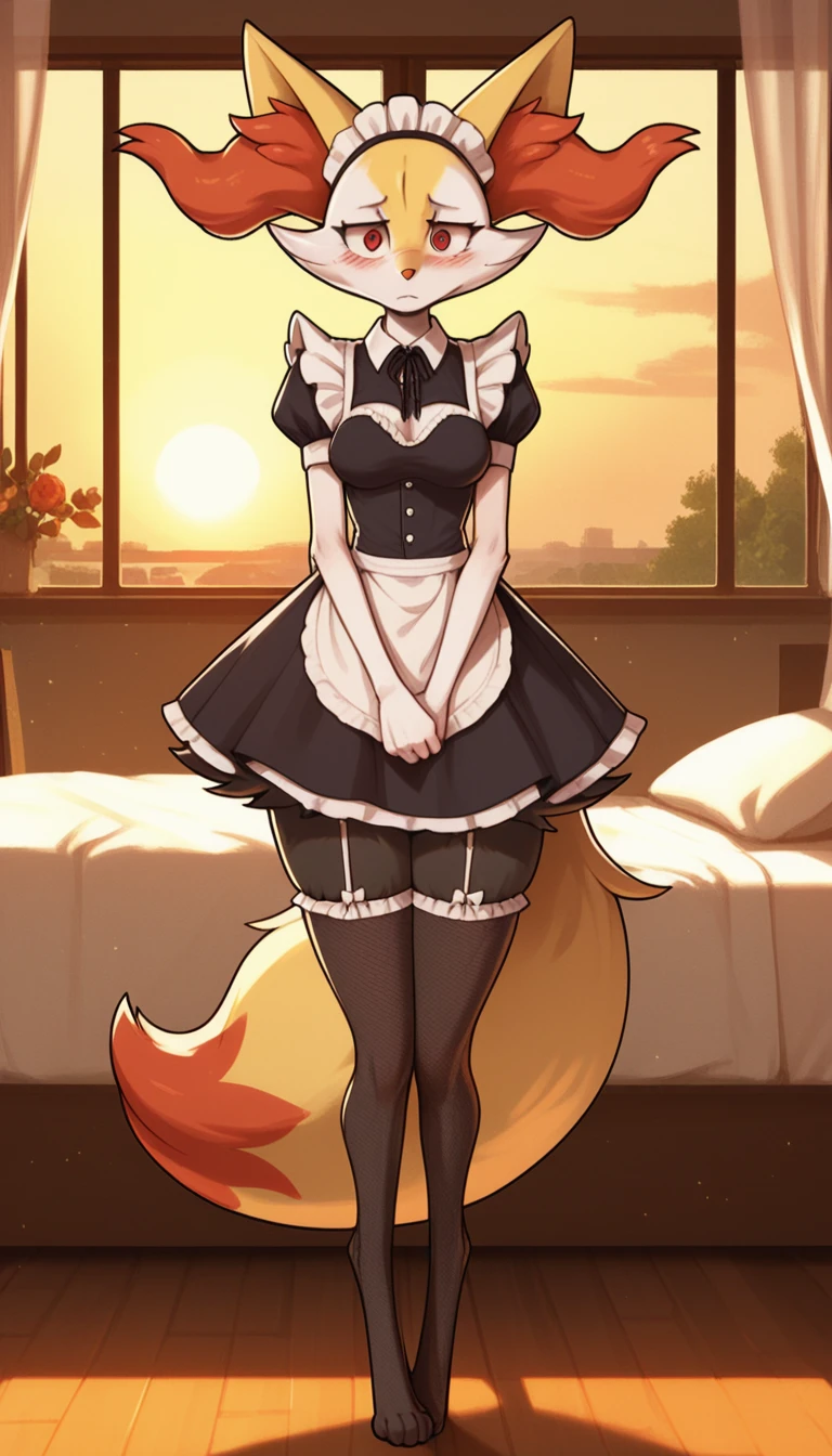 1girl, anthro, furry, fur, fluffy fur, braixen girl, Red eyes, full body, (19 years), medium breast, thicc thighs, solo, (bedroom), sunset, detailed, maid outfit, fishnet stockings, shy, nervous, sunset, sad, depressed, (baggy eyes), standing, score_9, score_8_up, score_7_up, score_6_up, score_5_up, score_4_u