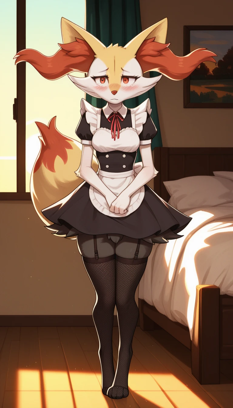 1girl, anthro, furry, fur, fluffy fur, braixen girl, Red eyes, full body, (19 years), medium breast, thicc thighs, solo, (bedroom), sunset, detailed, maid outfit, fishnet stockings, shy, nervous, sunset, sad, depressed, (baggy eyes), standing, score_9, score_8_up, score_7_up, score_6_up, score_5_up, score_4_u