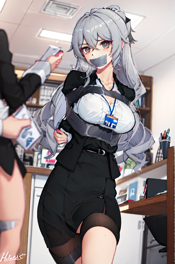 1girl, bronya-OL, solo, pantyhose, pencil skirt, black jacket, id card, striped shirt, glaring, looking at viewer, cowboy shot, office, indoors, depth of field, masterpiece,Master piece, (best quality), perfect eyes, bound, bondage, (arms behind back:1.4), bdsm, tape gag, tape, tape bondage, close-up, restrained, standing ,best anatomy, 