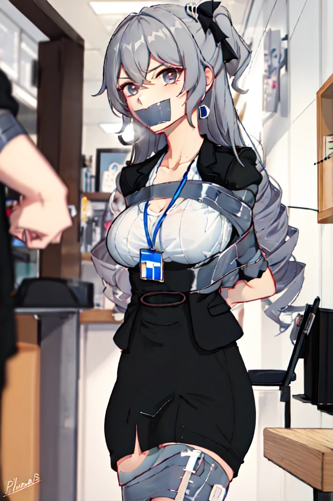 1girl, bronya-OL, solo, pantyhose, pencil skirt, black jacket, id card, striped shirt, glaring, looking at viewer, cowboy shot, office, indoors, depth of field, masterpiece,Master piece, (best quality), perfect eyes, bound, bondage, (arms behind back:1.4), bdsm, tape gag, tape, tape bondage, close-up, restrained, standing ,best anatomy,