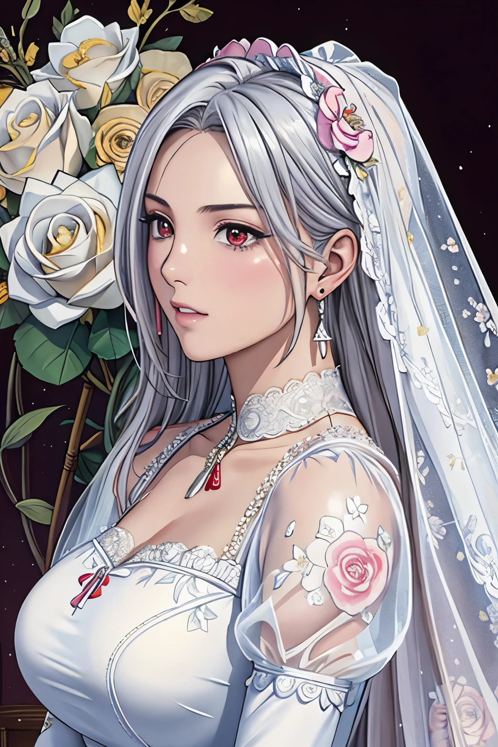 (​masterpiece, top-quality, top-quality, Official art, Beautifully Aesthetic:1.2), red eyes, (highest quality, masterpiece painting:1.3), immature woman, , (half body shot), masterpiece, ultra high resolution, (((bridal veil, lace-trimmed dress, see-through, wedding dress, outdoors, white roses, (long sleeves:1.2), pink bow,))), Decorative panel, abstract art, (shot from a side angle), (Photoreal:1.0), ((light silver hair)),straight hair, beautiful shining hair, white and shining skin, Painterly, sketch, Texture, 超A high resolution, solo, Beautuful Women, A highly detailed, (Fractal Art:1.1), (colourfull:1.1), (florals:1.6), The most detailed, (Zentangle:1.2), (Dynamic Poses), (Abstract background:1.3), (shinny skin), (Many colors:0.8), (earrings:1.4), (pluma:0.9), Taisho romance,