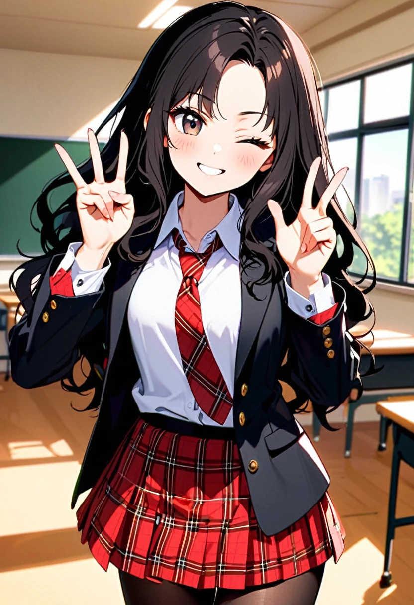 A young woman, 17-years-old, solo, Korean, (loose wavy black hair, no bangs:1.1), brown eyes, black blazer, white blouse, red plaid necktie, red pleated skirt, black pantyhose, playful smile, cheerful, mature face, classroom, holding up a v-sign