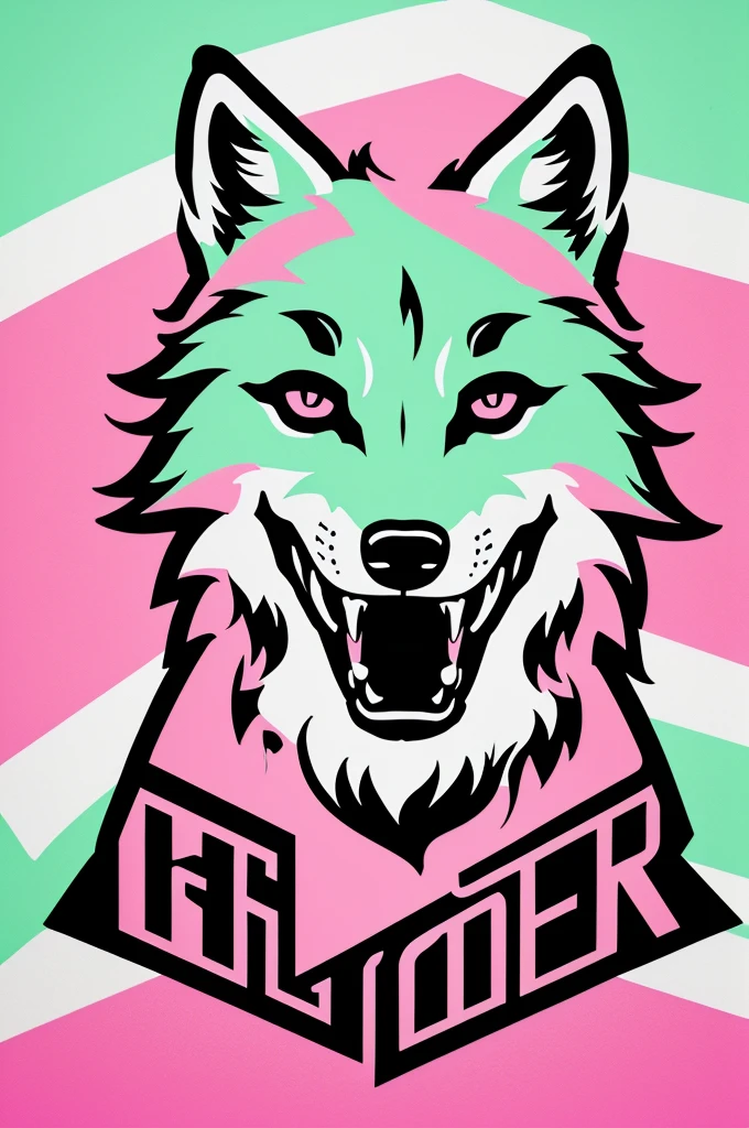Logo of wolves f.c neon pink color and neon green background with neon black and white around the wolf