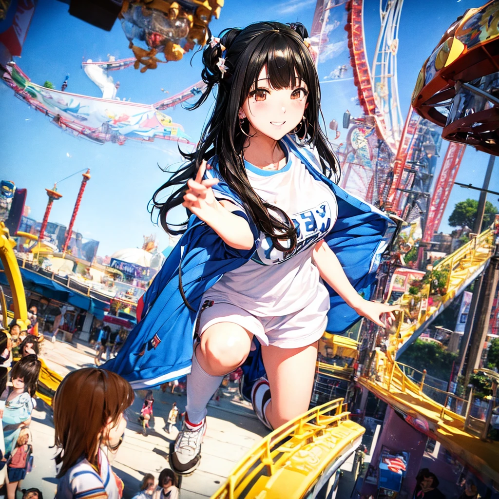 masterpiece Unreal Engine Anime Style Delicate painting 4K 90's giant Multiple Girls crowd amusement park to amusement parkに立っている巨大な女の子 Ferris wheel ジェッtoコースター crowd スカーto Big Breasts White T-shirt Summer clothes Short sleeve Private Server sneakers White socks watch Black Hair smile blue sky cumulonimbus Contrail female giant giant girl Whole body Destroyed skyscrapers Destroyed cars Crowd Unreal Engine,cleavage ,a drawing of a , earrings, long hair, 1980s (style) Cute picture Beauty Analog style whole body sneakers