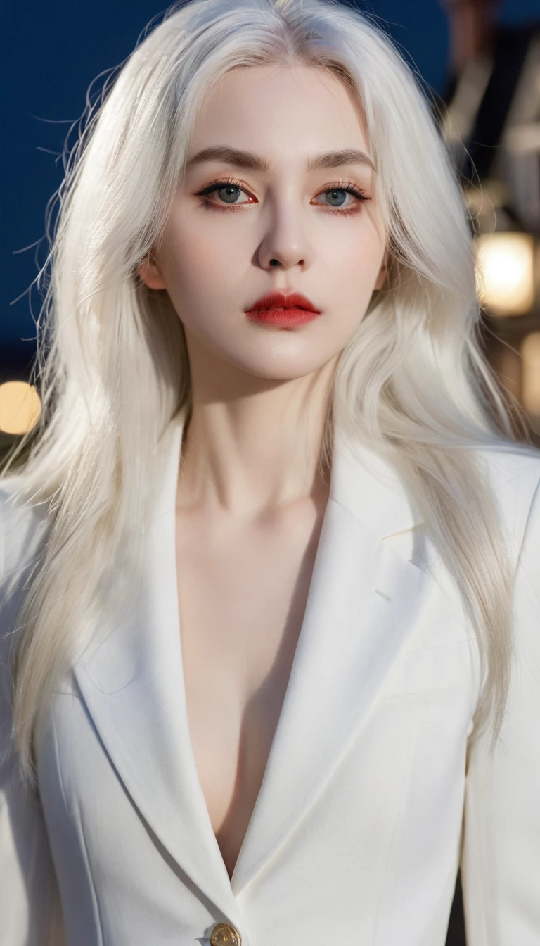 masterpiece, best quality, (Solitary focus), (Perfect face:1.1), (High Detail:1.1),dramatic, 1 person, (Pale skin), Long white hair, White eyes, Solitary, Long hair, moon, night, White luxury suit, vampire, cover navel, Pursed lips, cover, Victoria City, Detailed background, Gothic Revival, light,