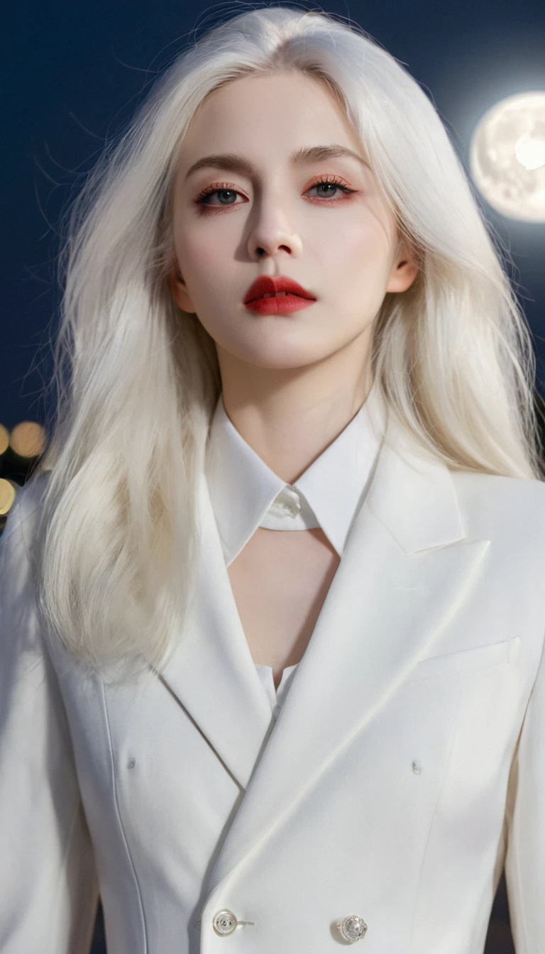 masterpiece, best quality, (Solitary focus), (Perfect face:1.1), (High Detail:1.1),dramatic, 1 person, (Pale skin), Long white hair, White eyes, Solitary, Long hair, moon, night, White luxury suit, vampire, cover navel, Pursed lips, cover, Victoria City, Detailed background, Gothic Revival, light,