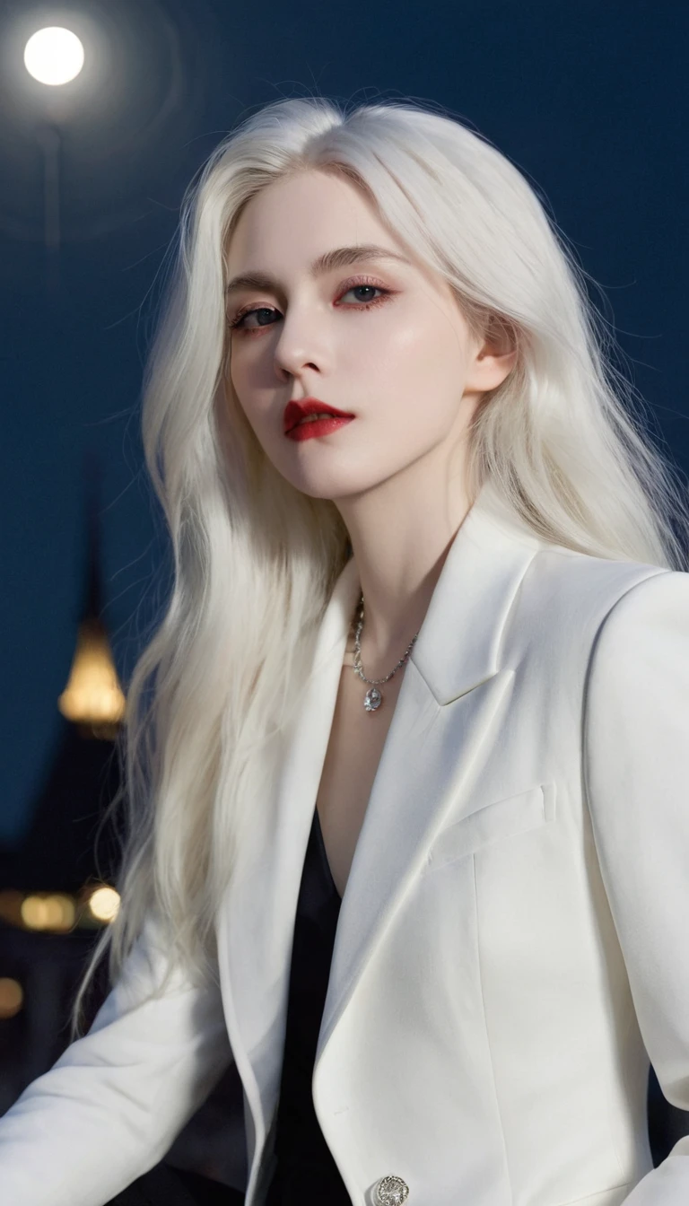 masterpiece, best quality, (Solitary focus), (Perfect face:1.1), (High Detail:1.1),dramatic, 1 person, (Pale skin), Long white hair, White eyes, Solitary, Long hair, moon, night, White luxury suit, vampire, cover navel, Pursed lips, cover, Victoria City, Detailed background, Gothic Revival, light,