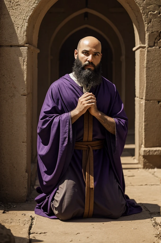 Thin bald biblical character with violet beard kneeling watching Jesus at Calvary