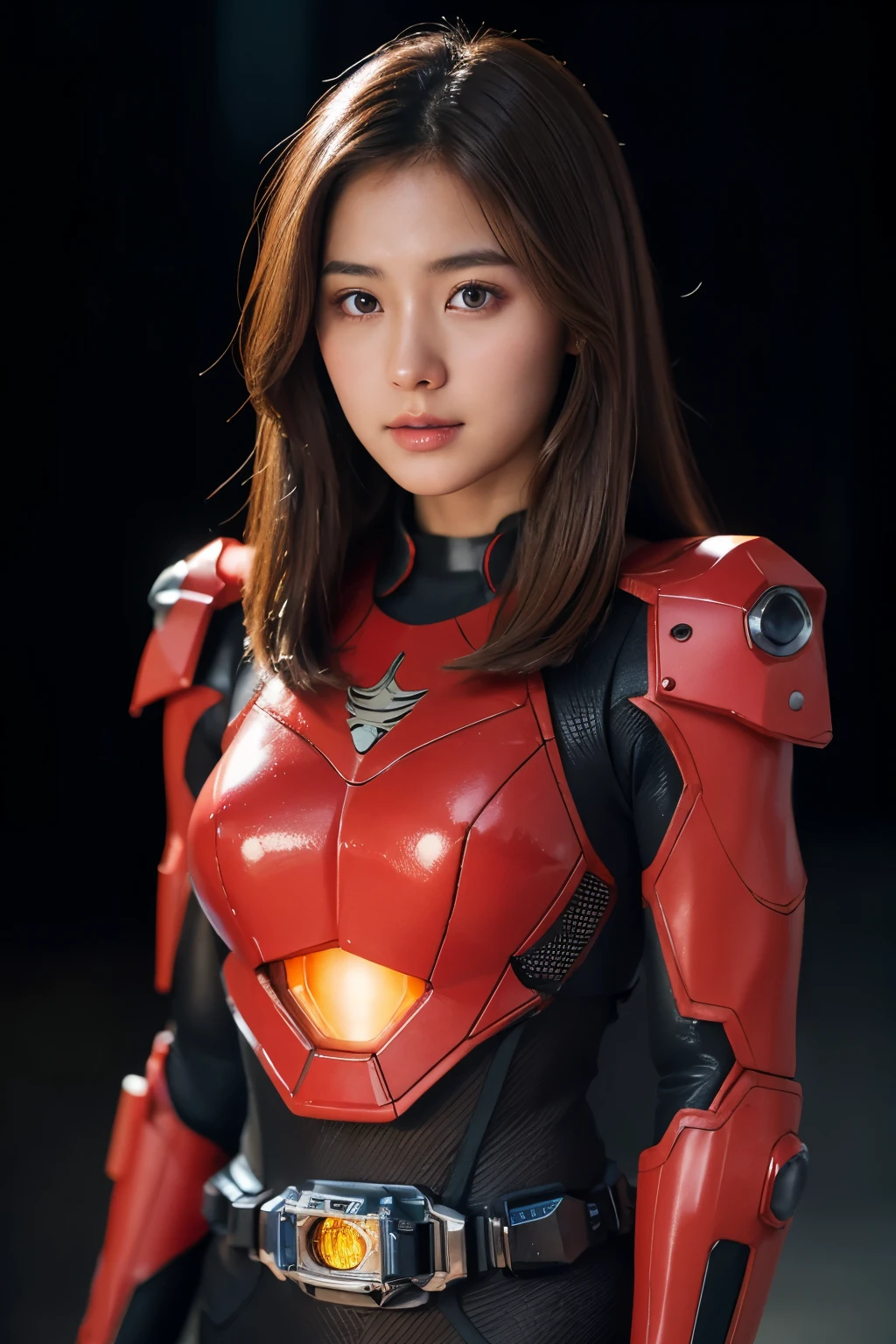 Korean girl , modern brown hair, shy, medium portrait shot , watery eyes , glowing particles, wear red Kamen Rider Ark suit, light bokeh background, proportional body,