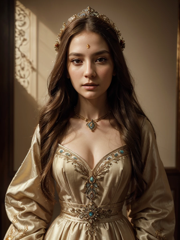 a beautiful woman, detailed portrait, elegant, serene expression, long flowing hair, delicate facial features, porcelain skin, ornate headdress, lavish jewelry, intricate embroidered gown, dramatic chiaroscuro lighting, Renaissance-style oil painting, warm color palette, cinematic composition, photorealistic, extremely detailed, 8k, award-winning digital art