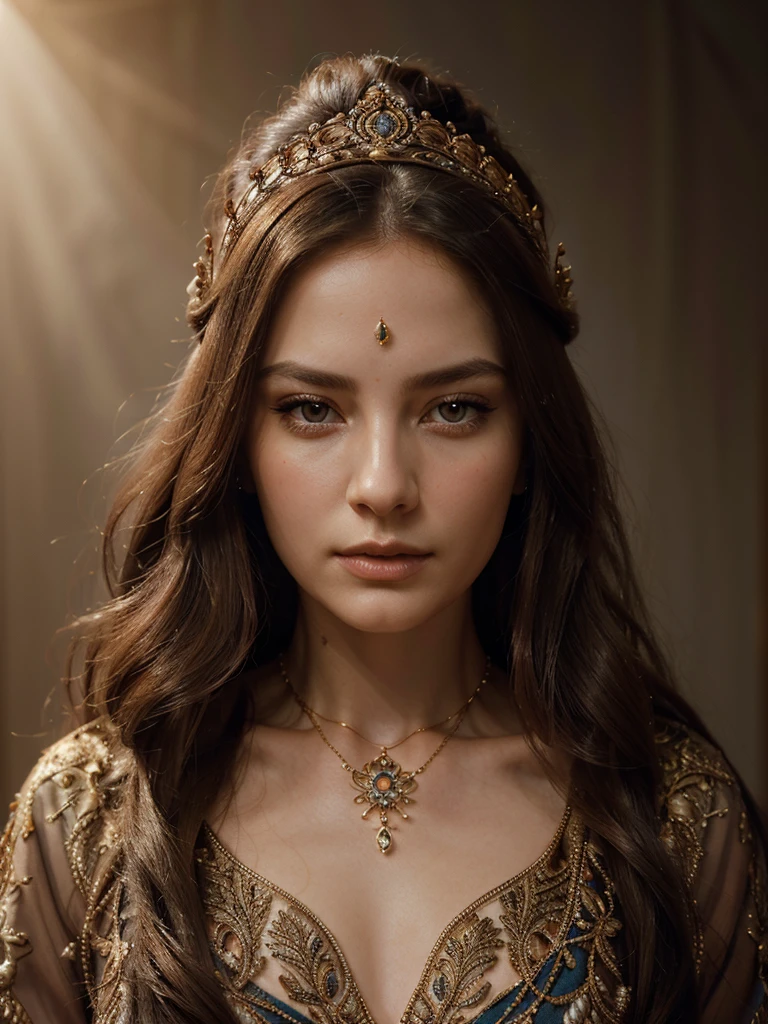 a beautiful woman, detailed portrait, elegant, serene expression, long flowing hair, delicate facial features, porcelain skin, ornate headdress, lavish jewelry, intricate embroidered gown, dramatic chiaroscuro lighting, Renaissance-style oil painting, warm color palette, cinematic composition, photorealistic, extremely detailed, 8k, award-winning digital art