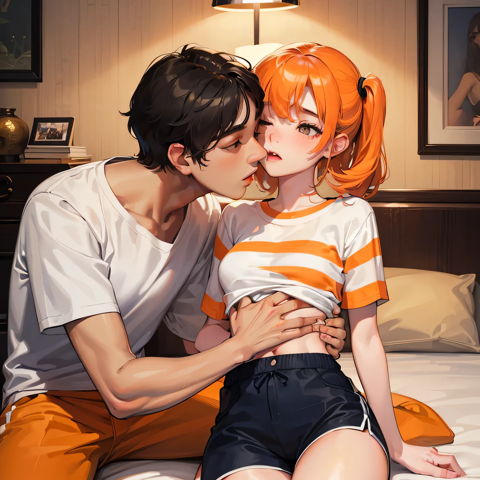 Amazing portrait of a young woman wearing white and orange striped t shirt and orange shorts and young boy wearing a navy blue t shirt and black shorts sitting on a bed together and kissing and making out passionately in a sexy and hot and lustful setting