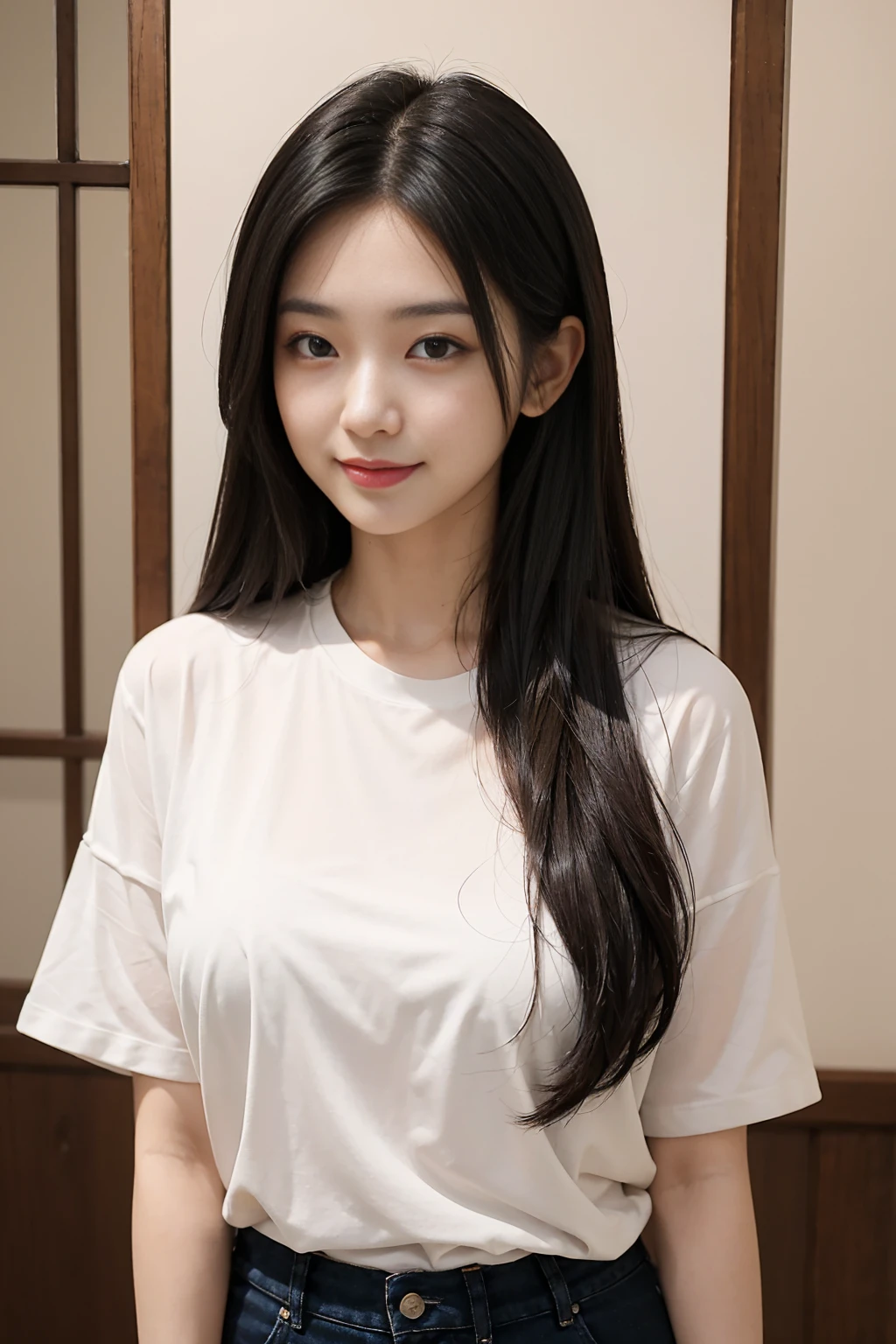 Create a close-up image of a beautiful Japanese woman with a seductive smile.。She was only wearing a large T-shirubtly shows off the curves。Long hair、Flowing, shiny black hair。The background is a softly blurred, intimate interior、The warm lighting highlights her features.。The makeup is perfect、Particular emphasis is placed on the eyes and lips to bring out her charm.。Confident、She has a slightly mysterious look、Exudes elegance and charm。The T-shirt hangs loosely around her body.、Try to keep it casual yet sexy。