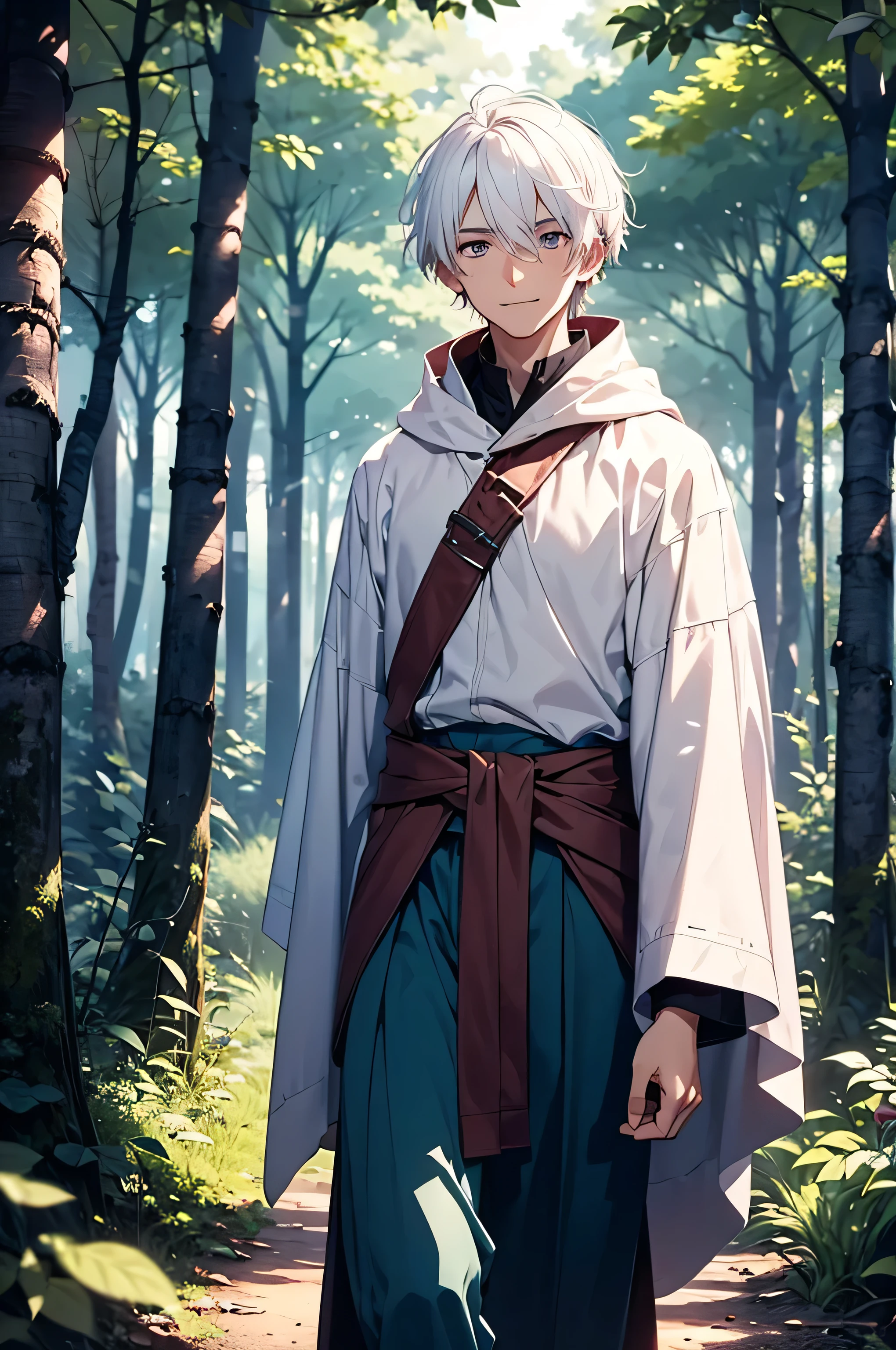 A white haired teenage boy in a long thin white cloak with a light pink pattern and holding a sheathed sword around his waist walking through a forest with a gentle smile on his face. lush forest, semi-dim lighting, high quality, evening, purple left eye, blue right eye, gentle smile,