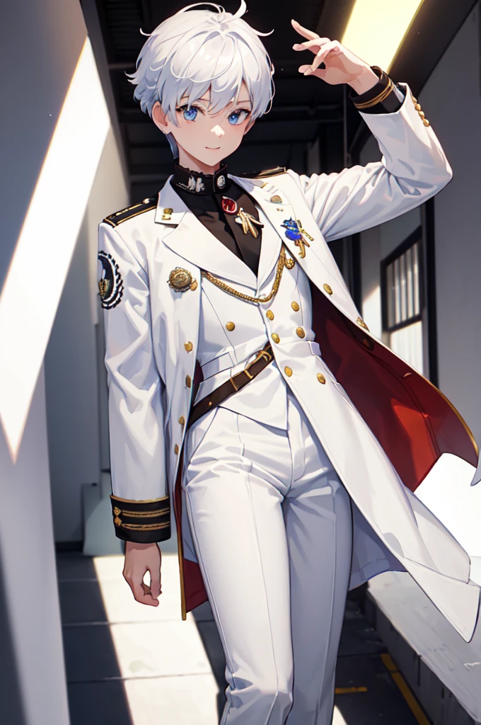 masterpiece, top quality, best quality, official art, beautiful and aesthetic:1.2), (8k, best quality, masterpiece:1.2), (((masterpiece))), (((best quality))), (((extremely detailed))), illustration, who, (masterpiece, top quality, best quality, official art, beautiful and aesthetic:1.2), (8k, best quality, masterpiece:1.2), 1guy, classroom, standing, detailed eyes, blue eyes, white , (((white jacket))), white vest, (((marine jacket with small medals))), necktie, well dressed, anime trap, tomboy, rat tail, (((white dress pants))), white and blue hair, frizzy hair, short hair, smile, full body, classroom, confident, silly, 5’8, tone body