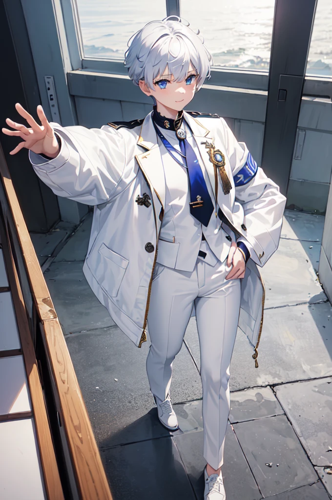 masterpiece, top quality, best quality, official art, beautiful and aesthetic:1.2), (8k, best quality, masterpiece:1.2), (((masterpiece))), (((best quality))), (((extremely detailed))), illustration, who, (masterpiece, top quality, best quality, official art, beautiful and aesthetic:1.2), (8k, best quality, masterpiece:1.2), 1guy, classroom, standing, detailed eyes, blue eyes, white , (((white jacket))), white vest, (((marine jacket with small medals))), necktie, well dressed, anime trap, tomboy, rat tail, (((white dress pants))), white and blue hair, frizzy hair, short hair, smile, full body, classroom, confident, silly, 5’8, tone body