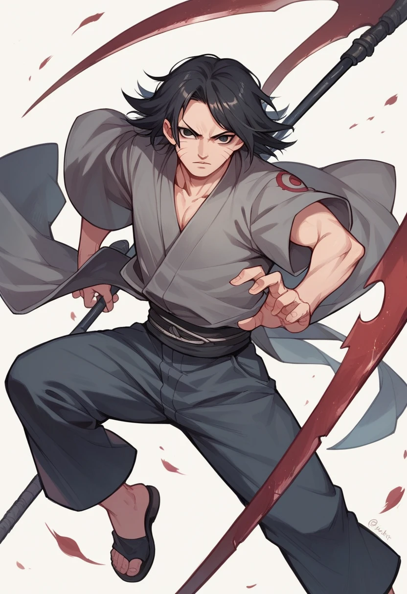 Anime girl with long black hair, black eyes an clam expression with a scythe. In the Naruto universe