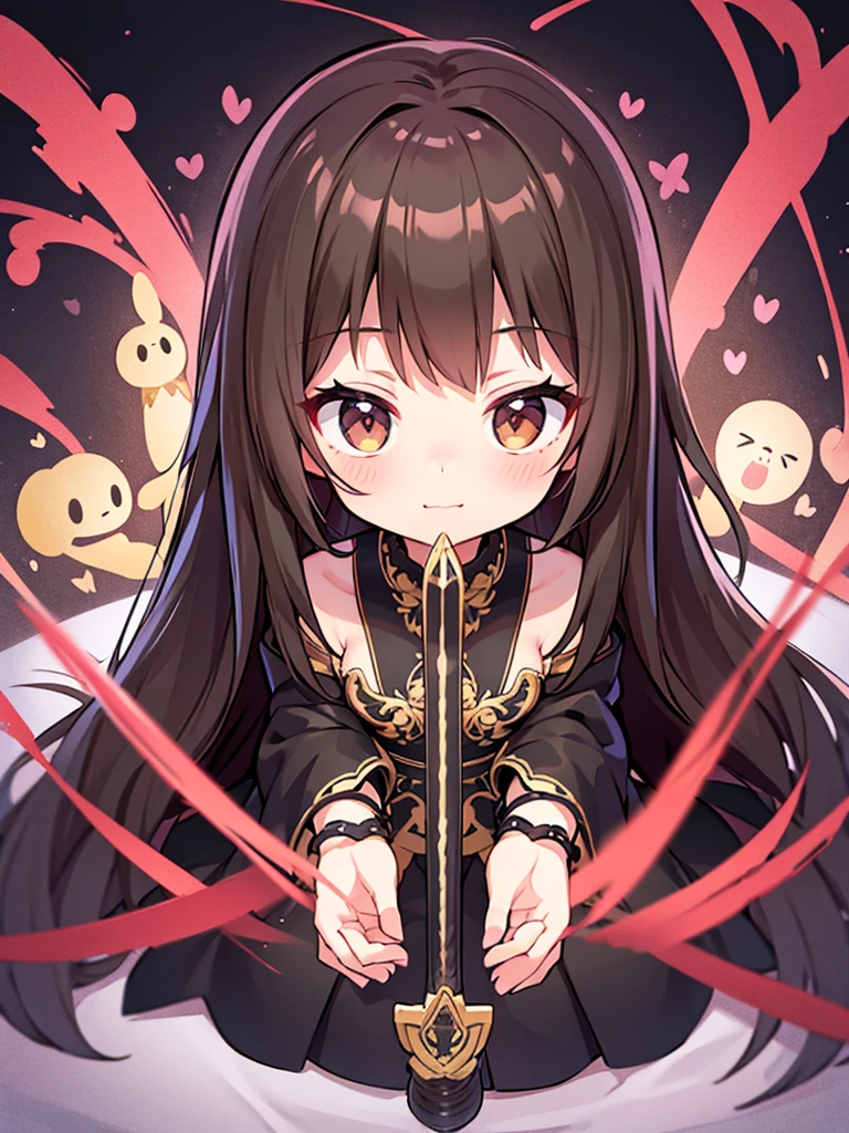 Full-body portrait、Holding a black sword、True Face、woman、、Brown Hair、Long Hair、Mischievous、Brown based dress